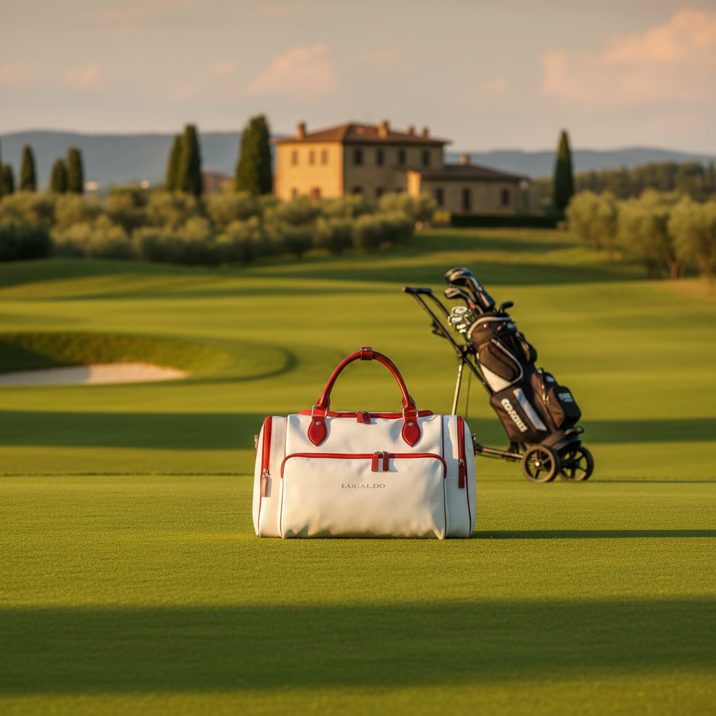 Borsone in pelle bianca con manici rossi su un campo da golf