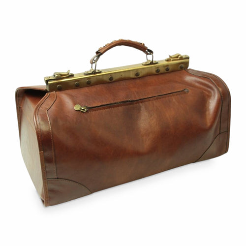 Borsa da viaggio media in pelle marrone con manici e fibbie in ottone