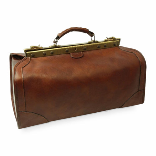 Borsa da viaggio media in pelle marrone con tasca frontale e maniglia in alto