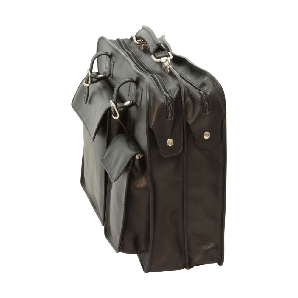Cartella in pelle nera con tasche e fibbie metalliche sui lati