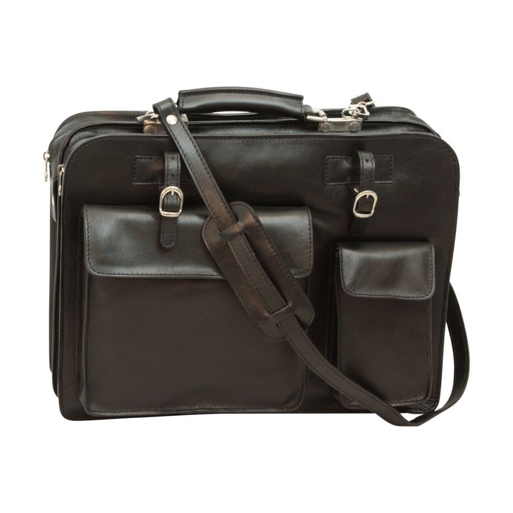 Cartella in pelle nera con tracolla e tasche frontali con fibbie