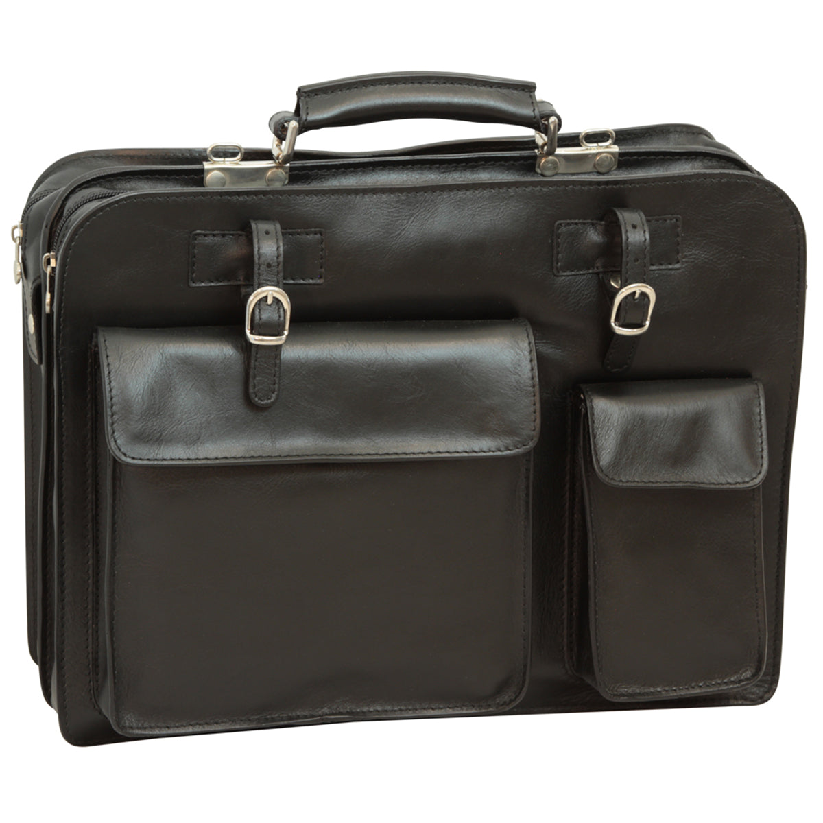 Cartella in pelle nera, valigetta elegante con due tasche esterne e interno foderato in pelle, black leather briefcase.