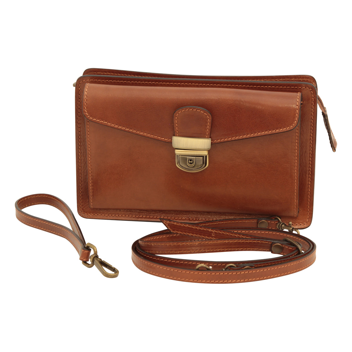 Borsello in pelle marrone con maniglia staccabile e tracolla, chiusura a chiave, elegante e pratico, brown leather clutch bag.
