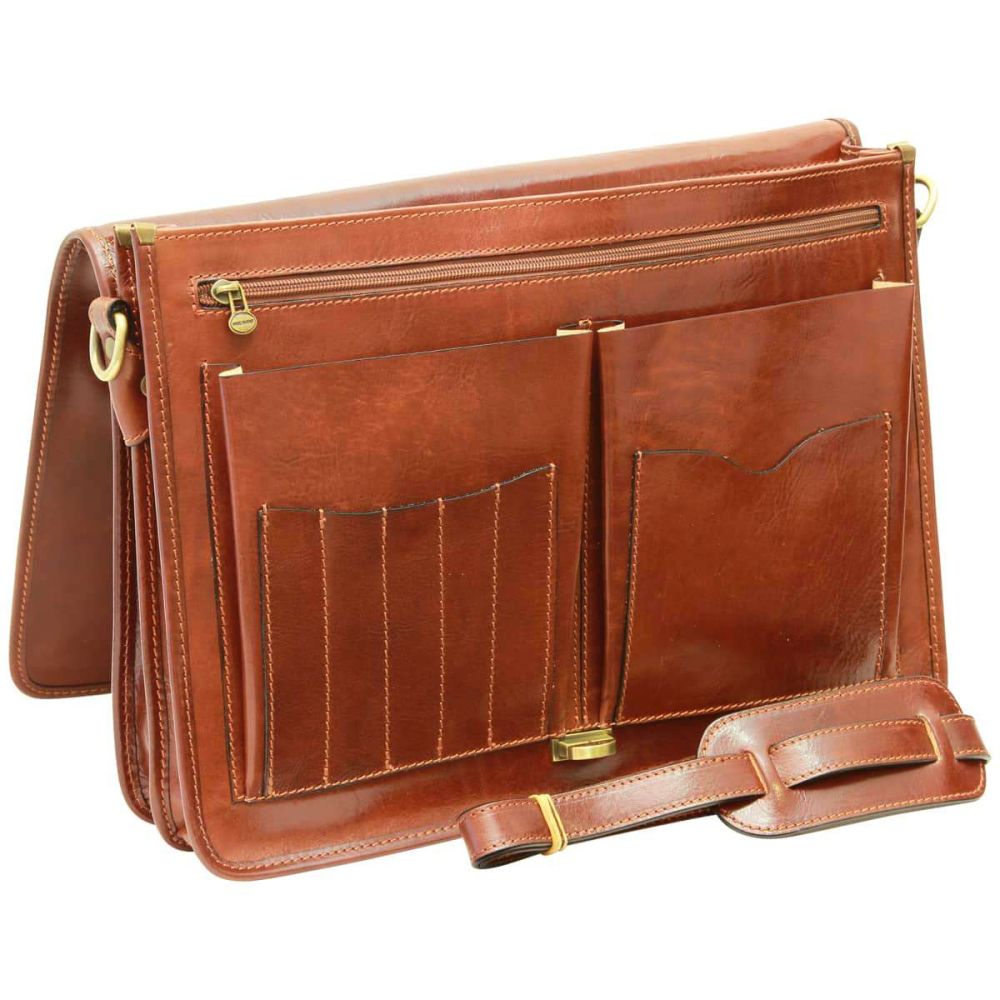Cartella marrone con organizer interno, cuciture decorative e tasche laterali