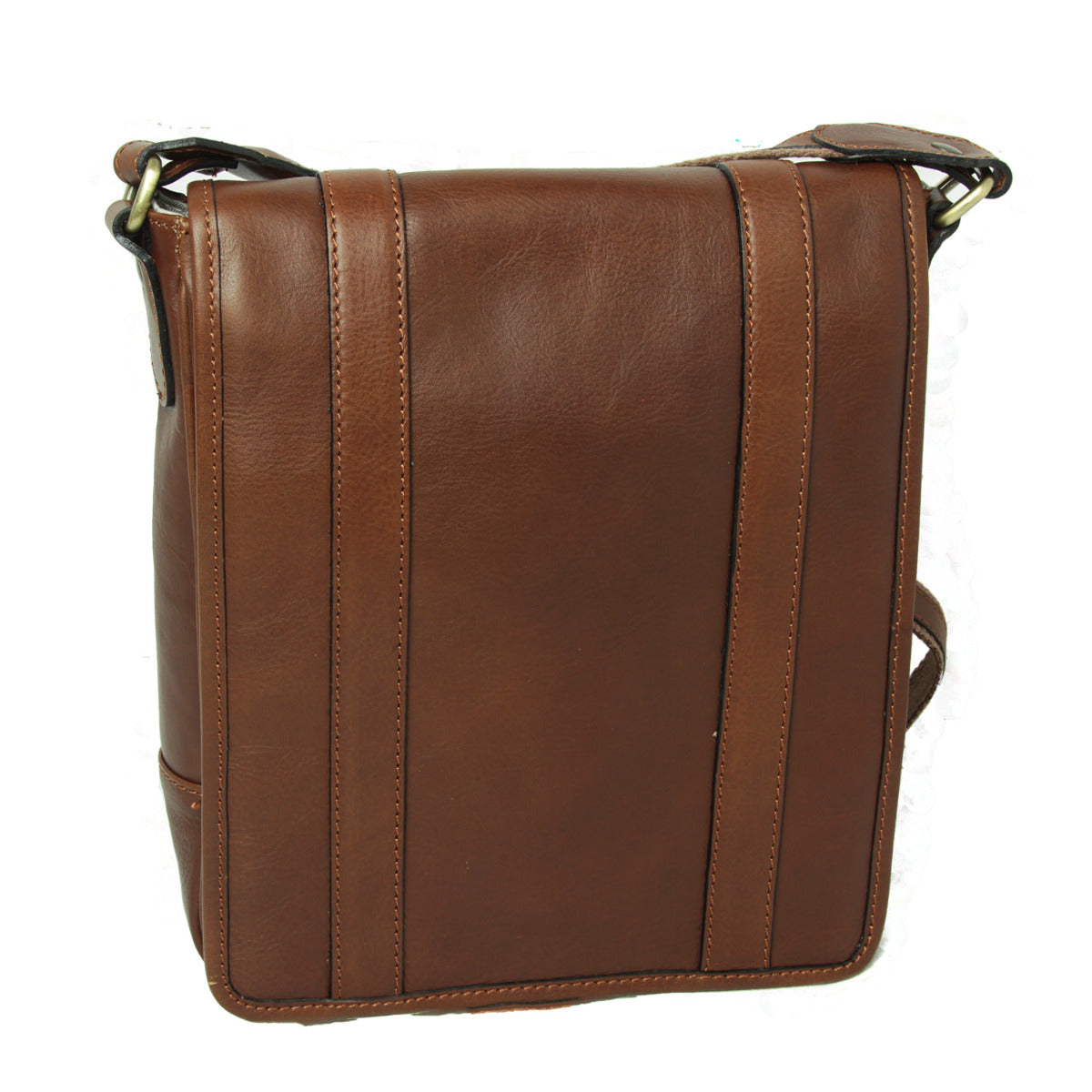 Borsa a tracolla in pelle castagna con anelli metallici e tracolla, Old Angler