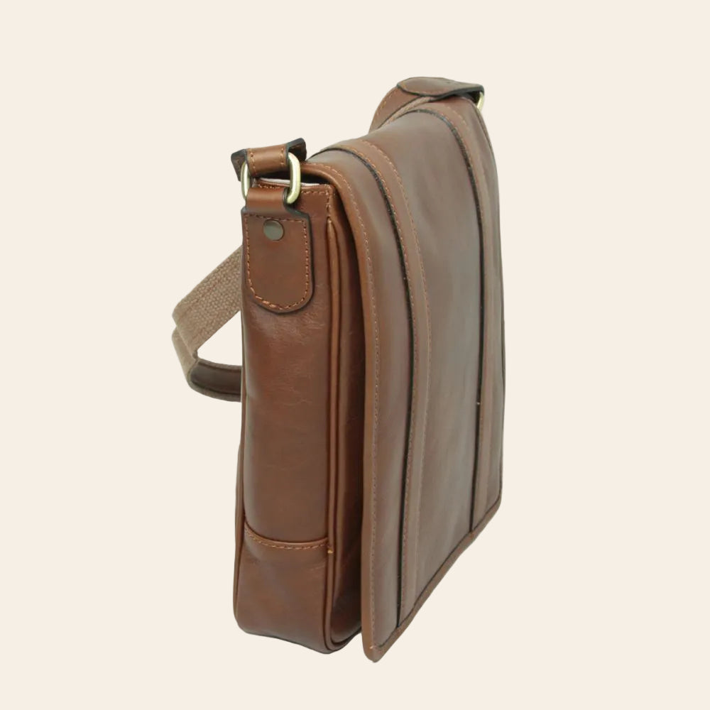 Borsa a tracolla in pelle castagna vista laterale con dettagli a cuciture
