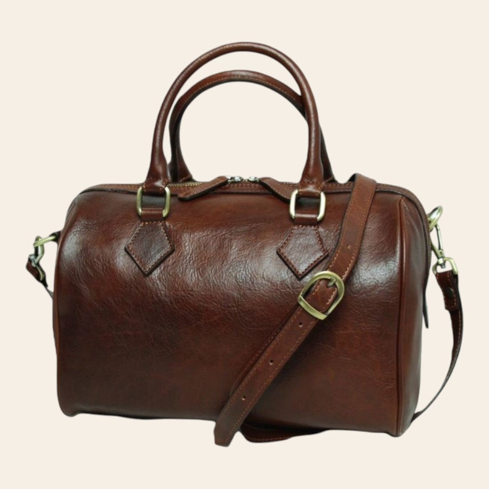 Bauletto Due Manici in Pelle di Vitello Pieno Fiore Artigianale Marrone - Old Angler