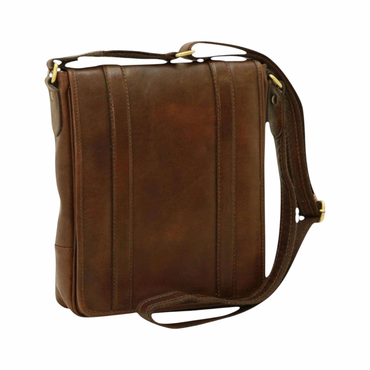 Borsa a tracolla in pelle marrone scuro con fibbia e cuciture verticali.