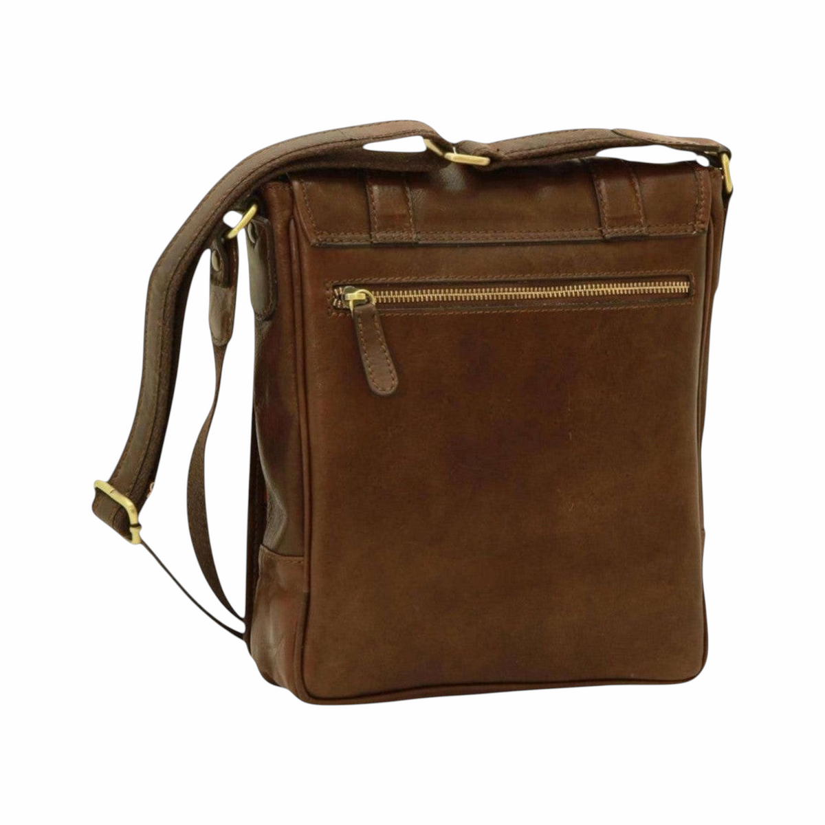 Borsa a tracolla in pelle marrone scuro con tasca frontale e zip metallica dorata.