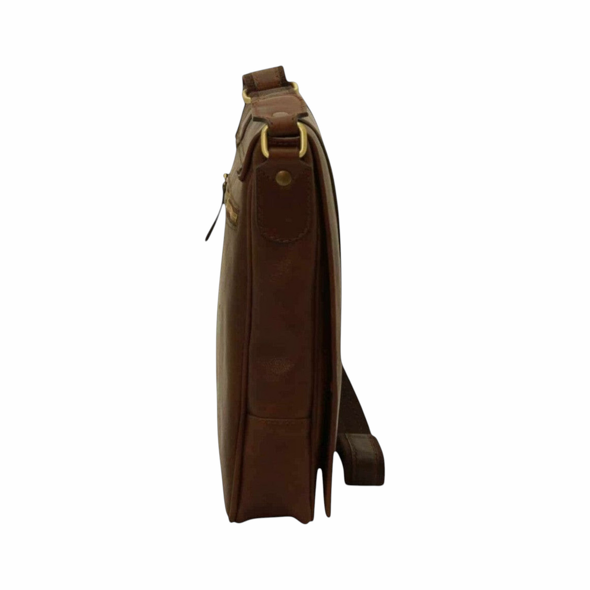 Borsa a tracolla in pelle marrone scuro con tasca laterale e tracolla regolabile.