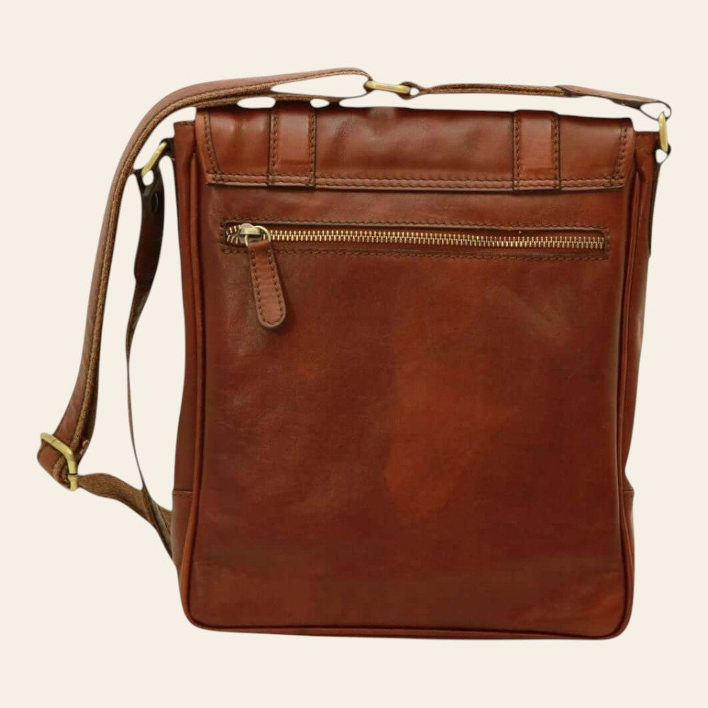 Borsa messenger in vitello mogano con zip frontale e tracolla regolabile