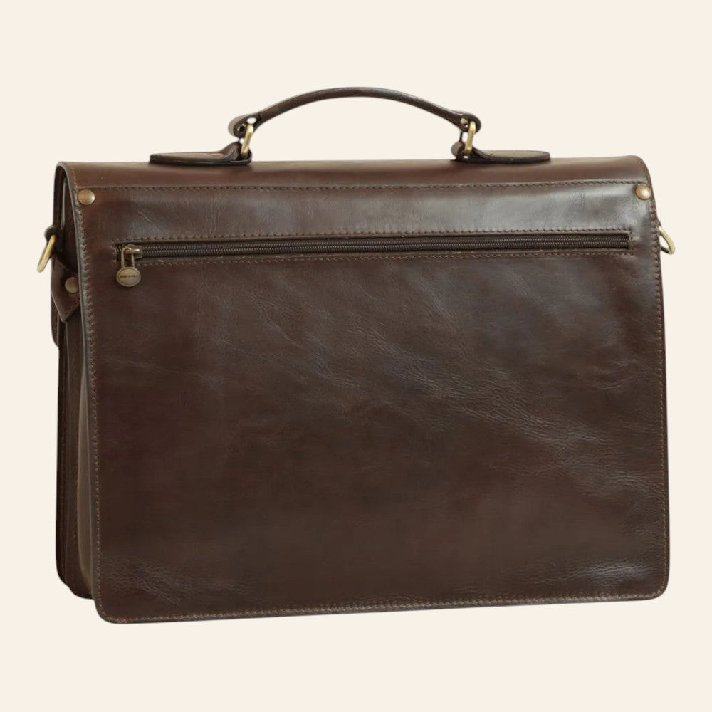 Vista posteriore della cartella porta laptop in pelle testa di moro con tasca con cerniera