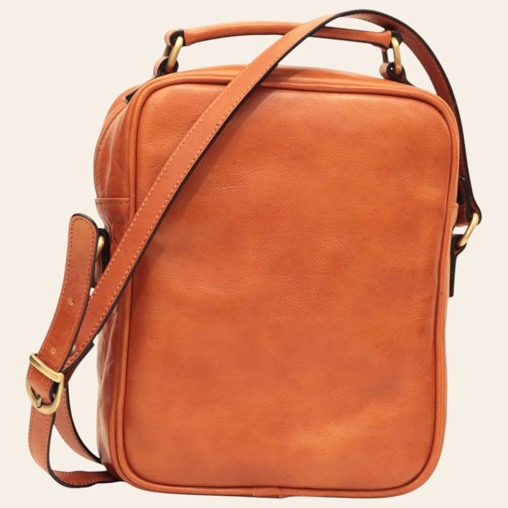 Borsa a tracolla in pelle marrone, chiusura con zip, tracolla in cuoio e maniglie superiori