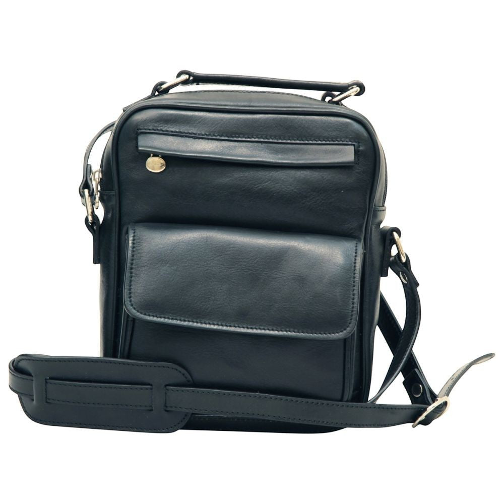 Borsa a Tracolla in Pelle con Tasca Frontale Nera - Old Angler