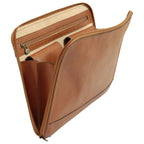 Porta documenti in pelle Old Angler marrone, lato aperto con tasca interna e zip