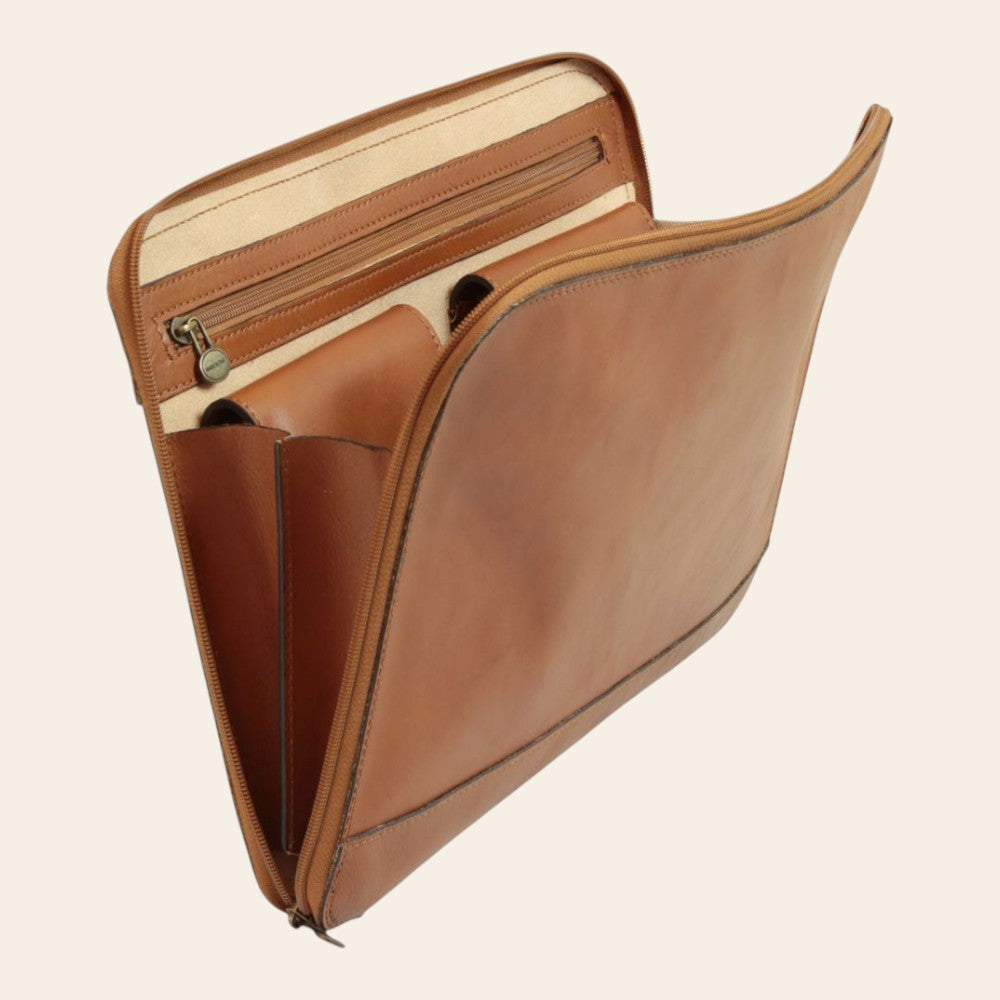 Porta documenti in pelle Old Angler marrone, lato aperto con tasca interna e zip