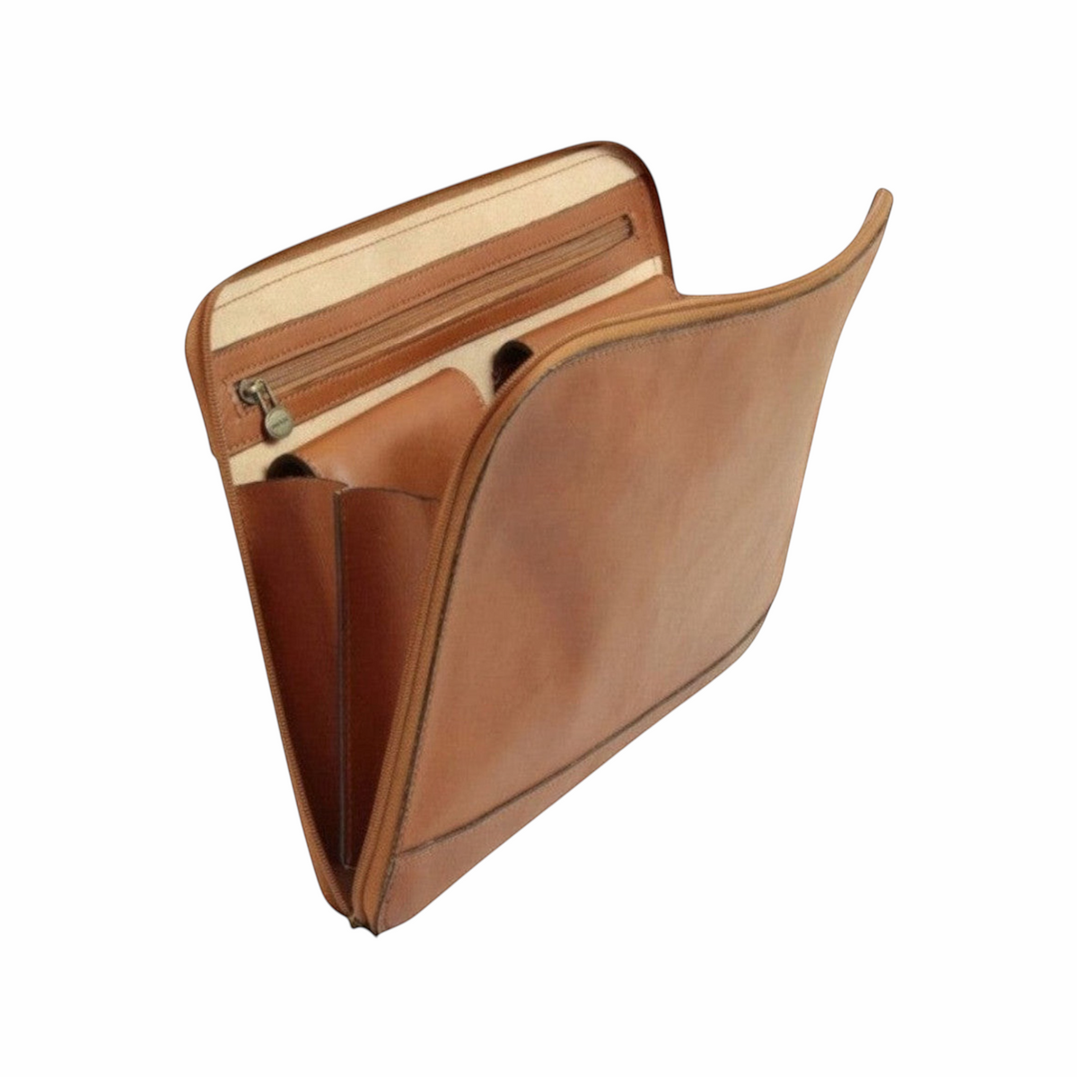 Porta documenti in pelle Old Angler marrone, lato aperto con tasca interna e zip