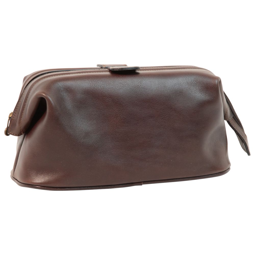 Astuccio da viaggio in pelle marrone scuro con maniglia e chiusura lampo