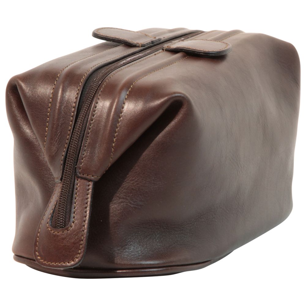 Astuccio cosmetici in pelle marrone scuro con zip e maniglia in pelle