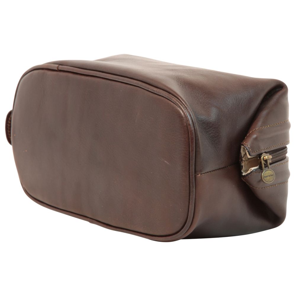 Astuccio cosmetici in pelle marrone scuro con zip e cuciture laterali