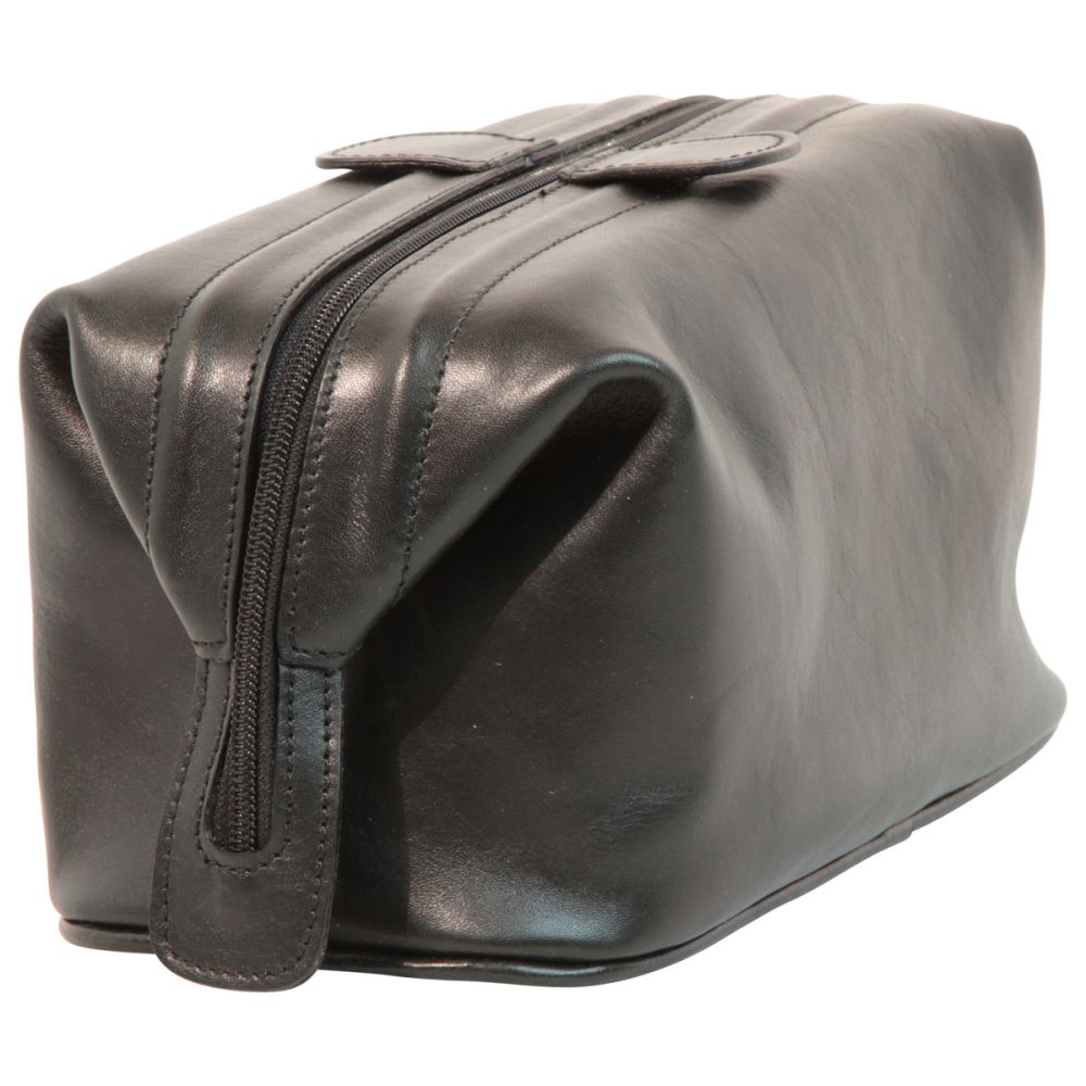 Astuccio beauty in pelle nera con zip laterale e cuciture sul bordo