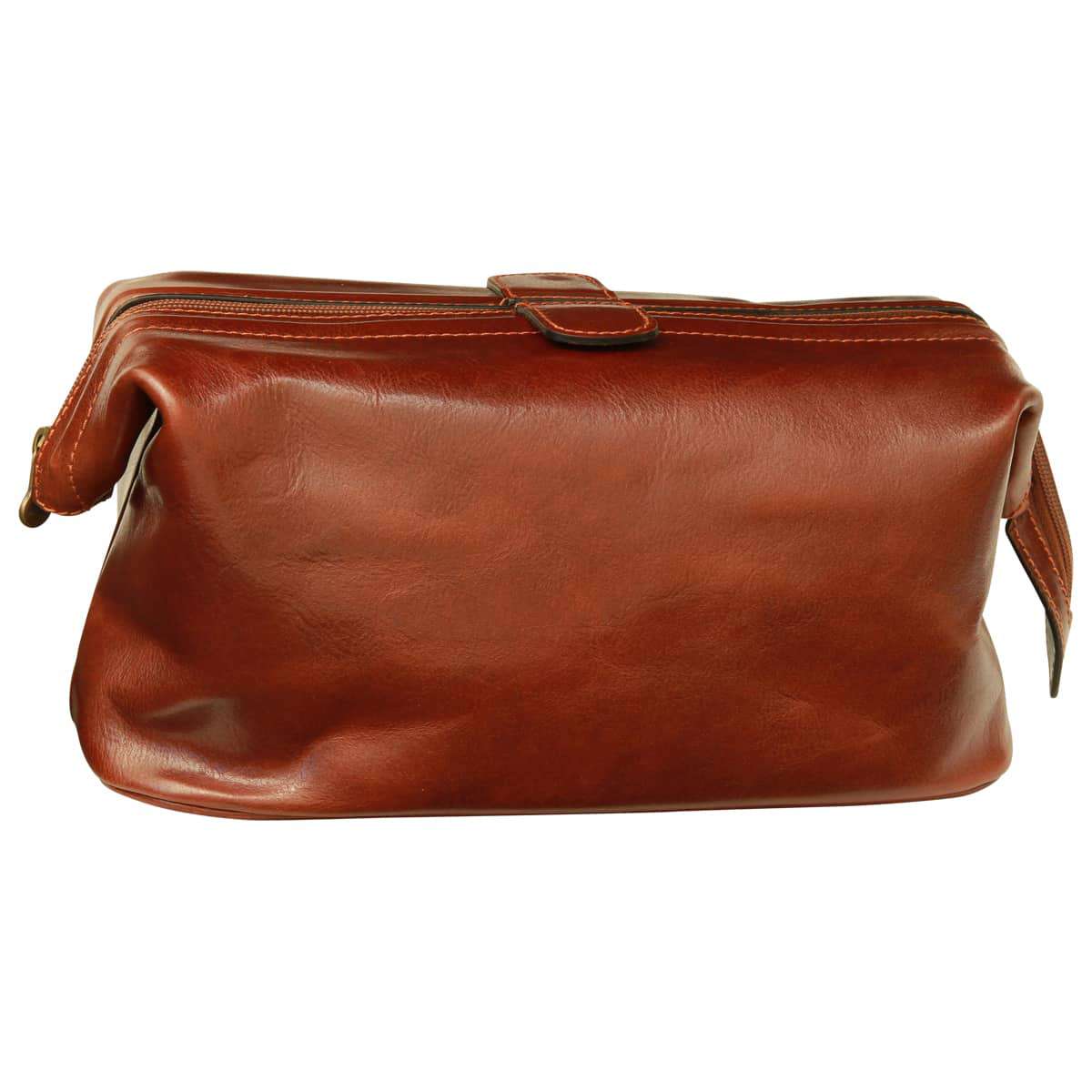 Astuccio beauty in pelle marrone con chiusura a fibbia e manici laterali