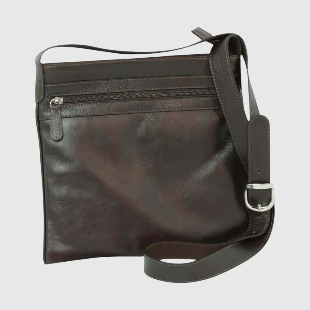 Borsa a tracolla in pelle marrone scura con tasca con zip e tracolla regolabile