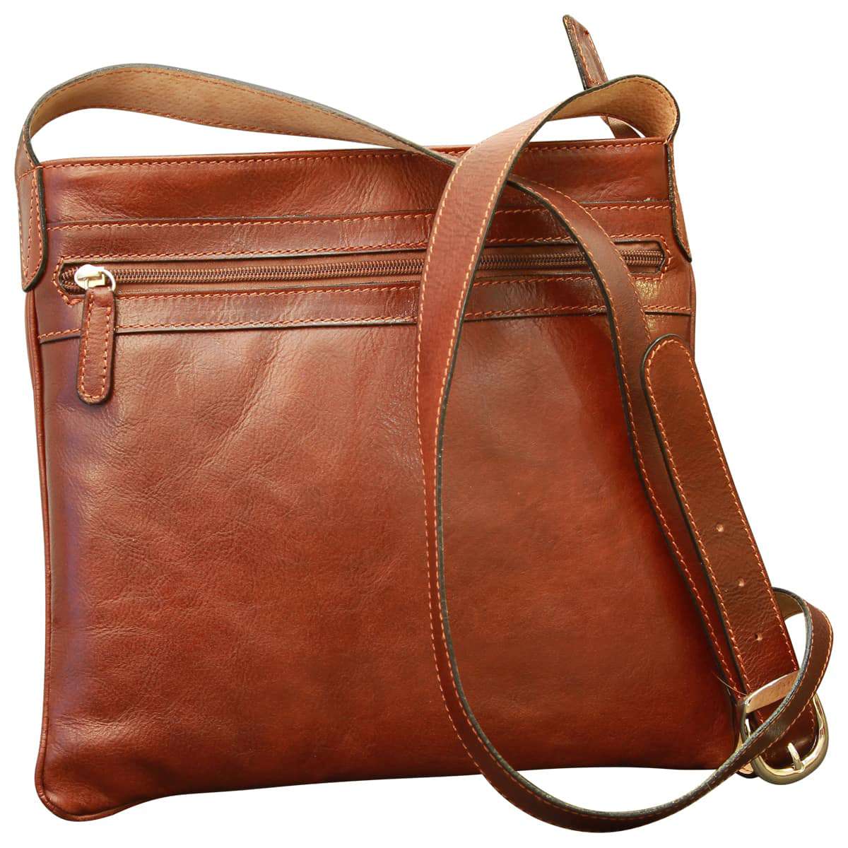 Borsa a tracolla in pelle marrone con chiusura a zip e tracolla regolabile