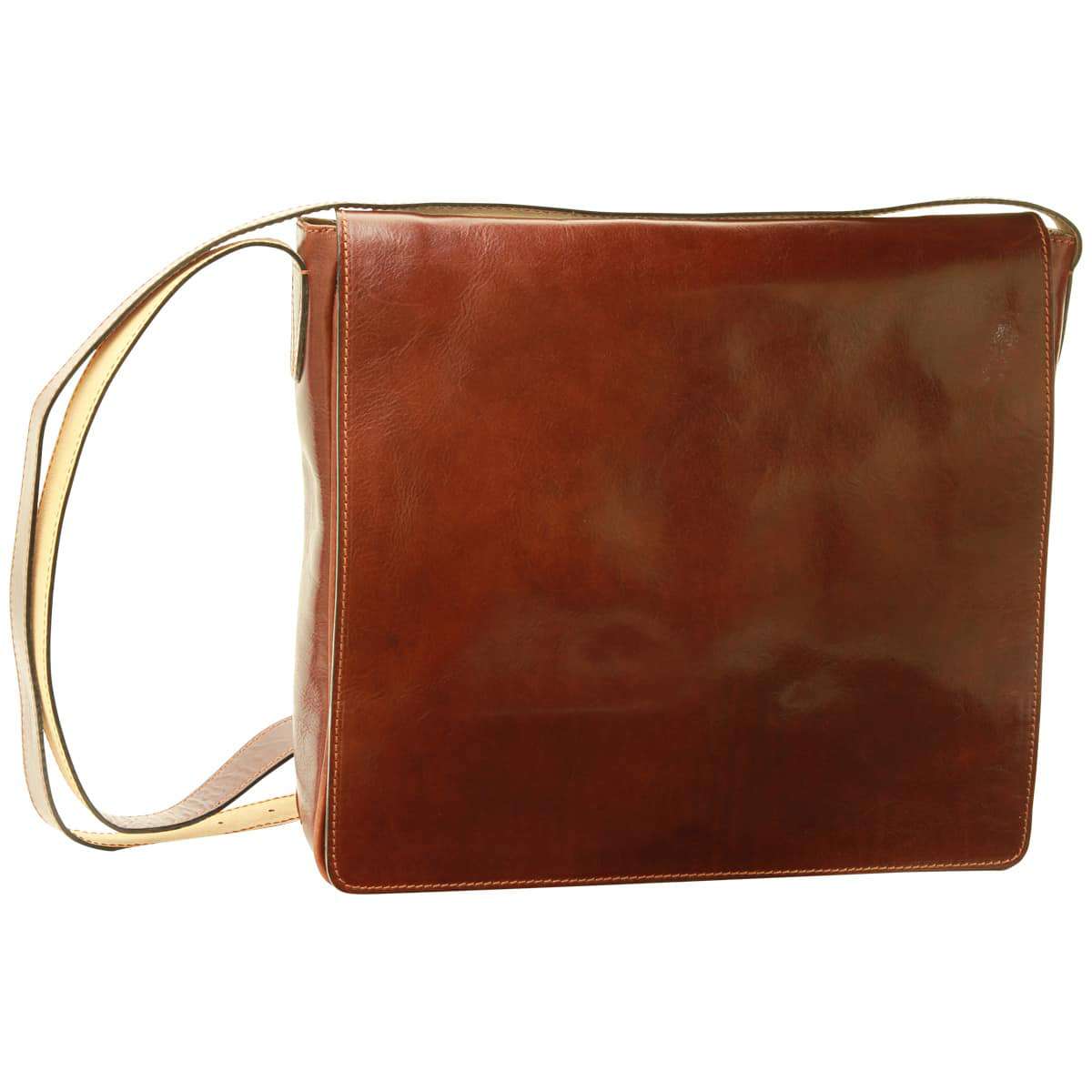 Borsa messenger in pelle marrone con patta e tracolla regolabile