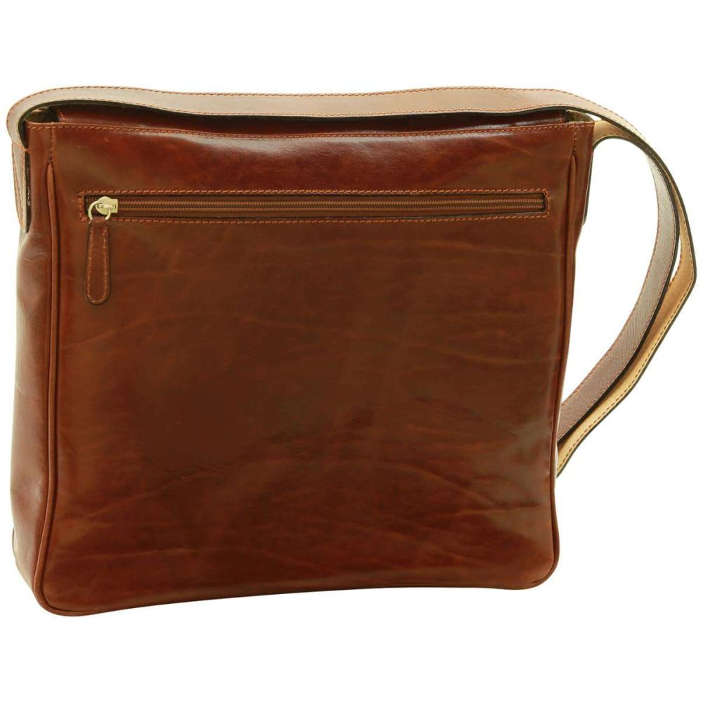 Borsa messenger in pelle marrone con tasca frontale con zip e tracolla