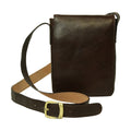 Borsa a tracolla in pelle marrone scuro con pattina e tracolla regolabile in metallo