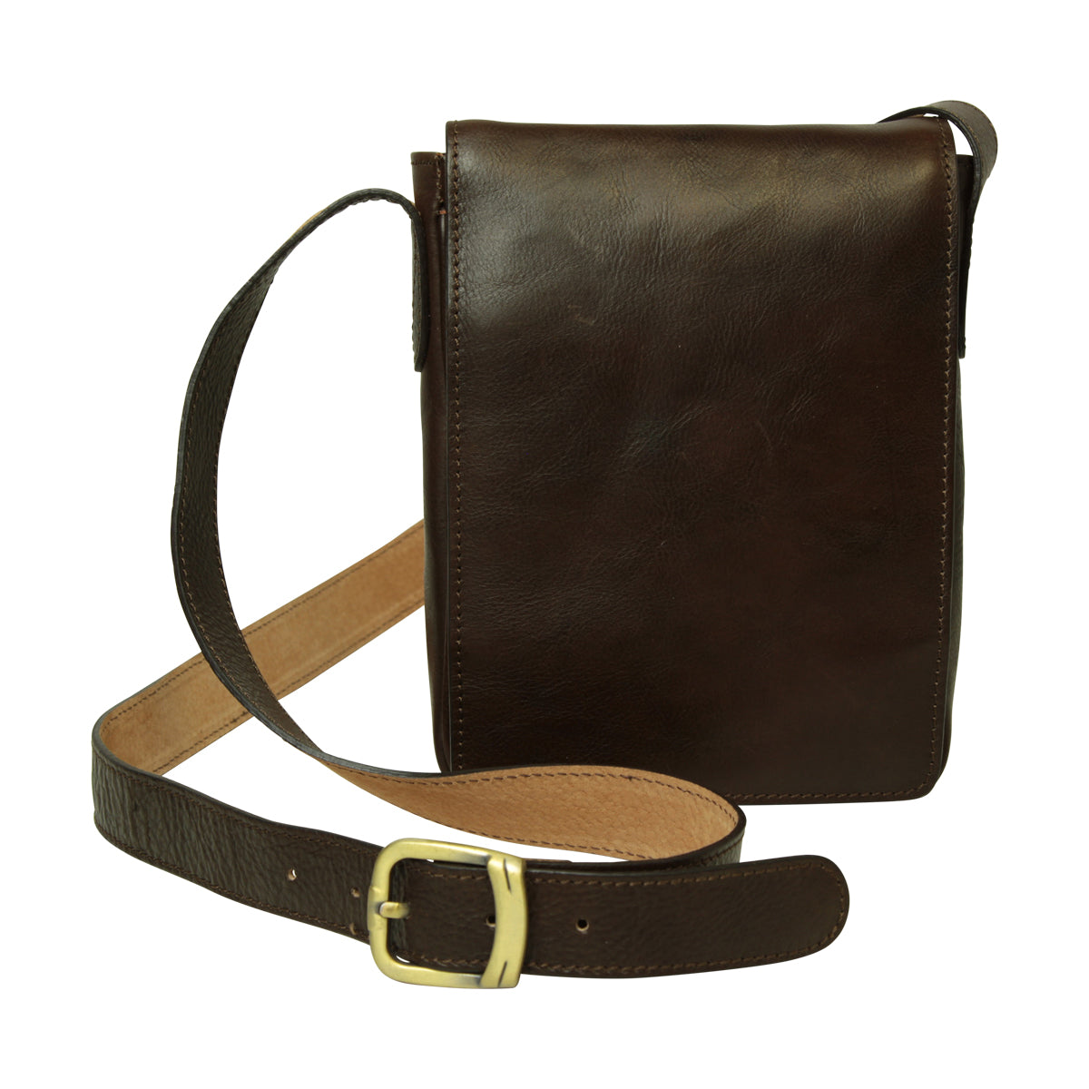 Borsa a tracolla in pelle marrone scuro con pattina e tracolla regolabile in metallo