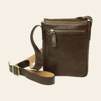 Borsa a tracolla in pelle marrone scuro con zip frontale e tracolla con fibbia