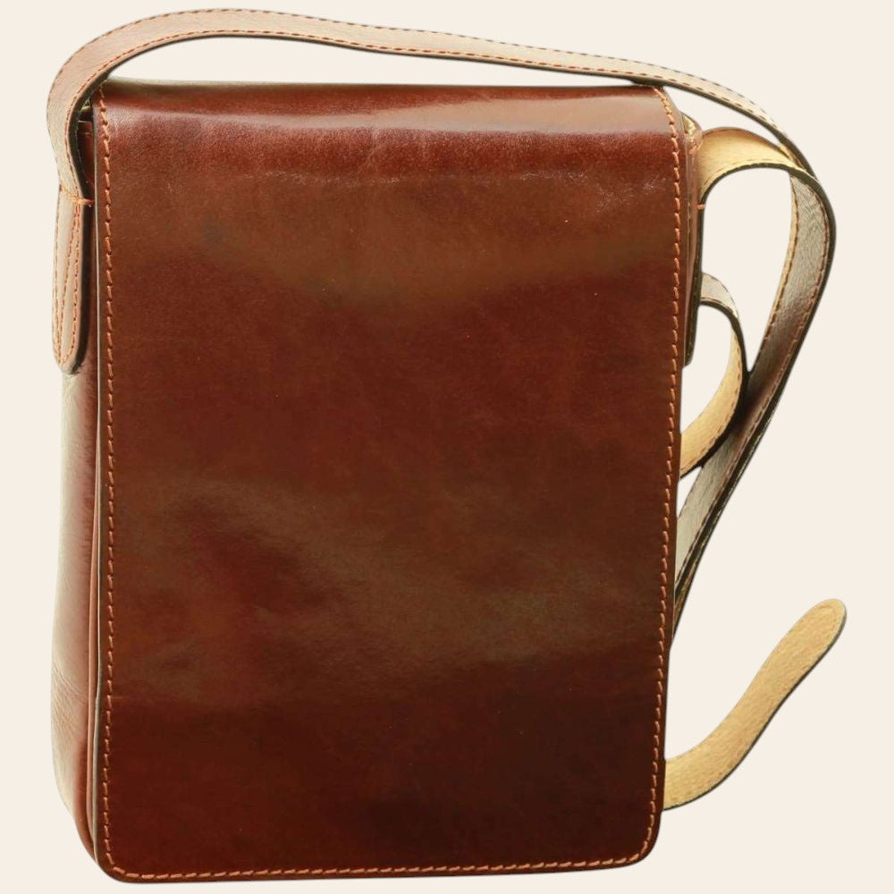 Borsa a tracolla in pelle marrone con chiusura frontale e cuciture decorative