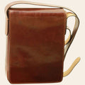 Borsa a tracolla in pelle marrone con chiusura frontale e cuciture decorative