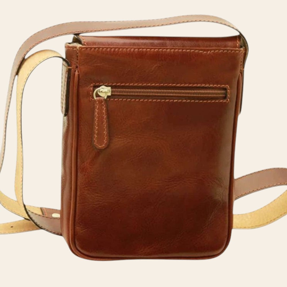 Borsa a tracolla in pelle marrone con tasca frontale con zip e tracolla