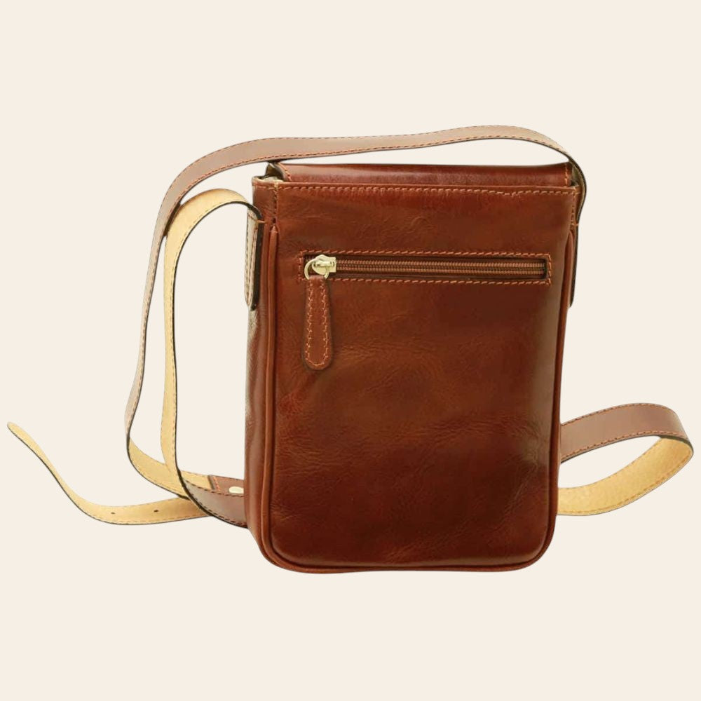 Borsa a tracolla in pelle marrone con tasca frontale con zip e tracolla