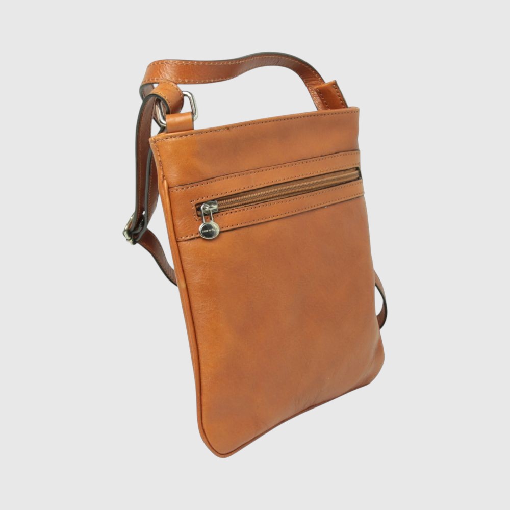 Borsa a tracolla piccola in pelle color cognac con cerniera frontale