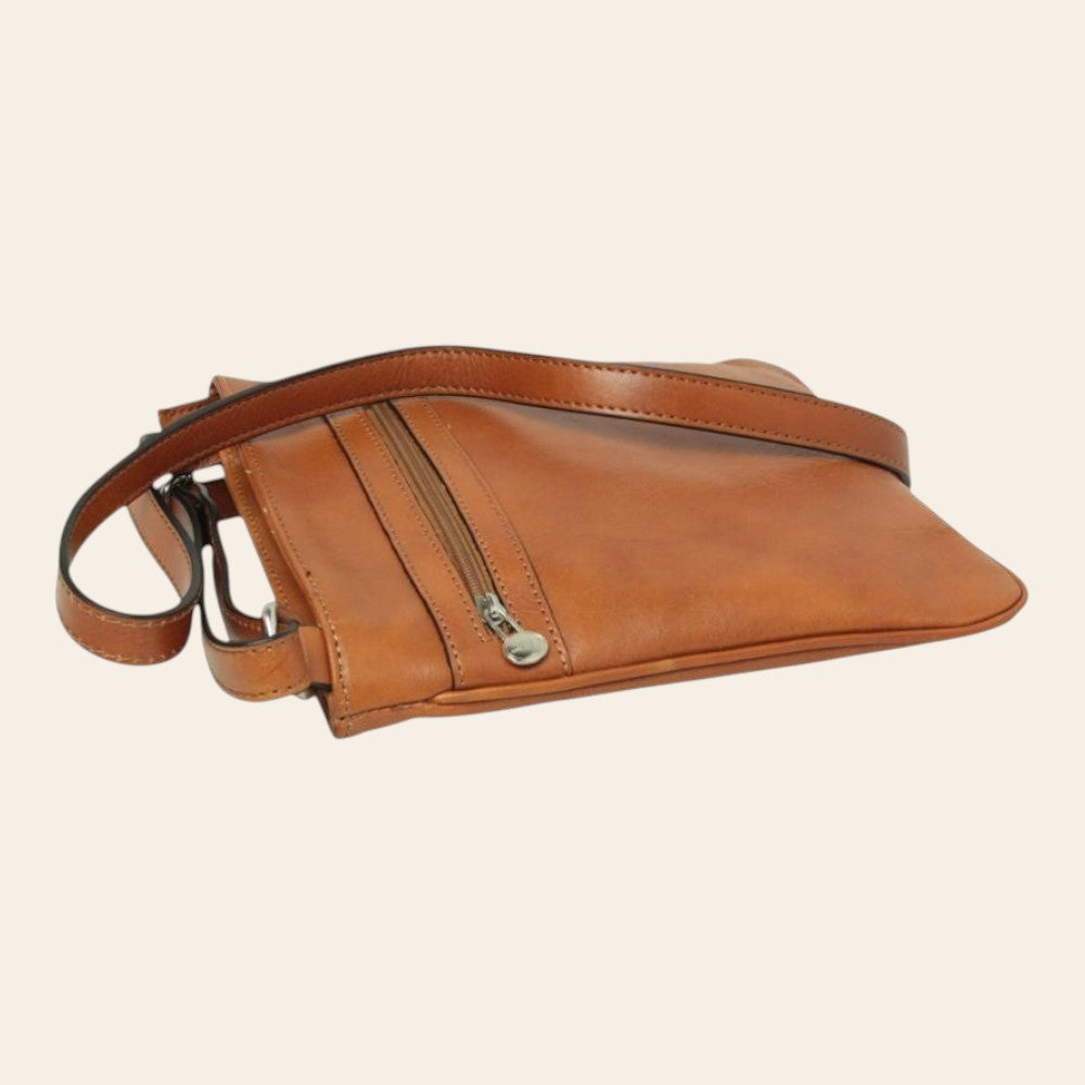 Borsa a tracolla piccola in pelle color cuoio vista laterale con dettagli cuciture e zip