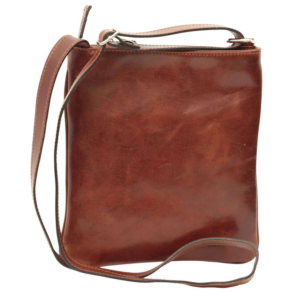 Borsa tracolla in pelle marrone con tracolla lunga e chiusure metalliche a vista