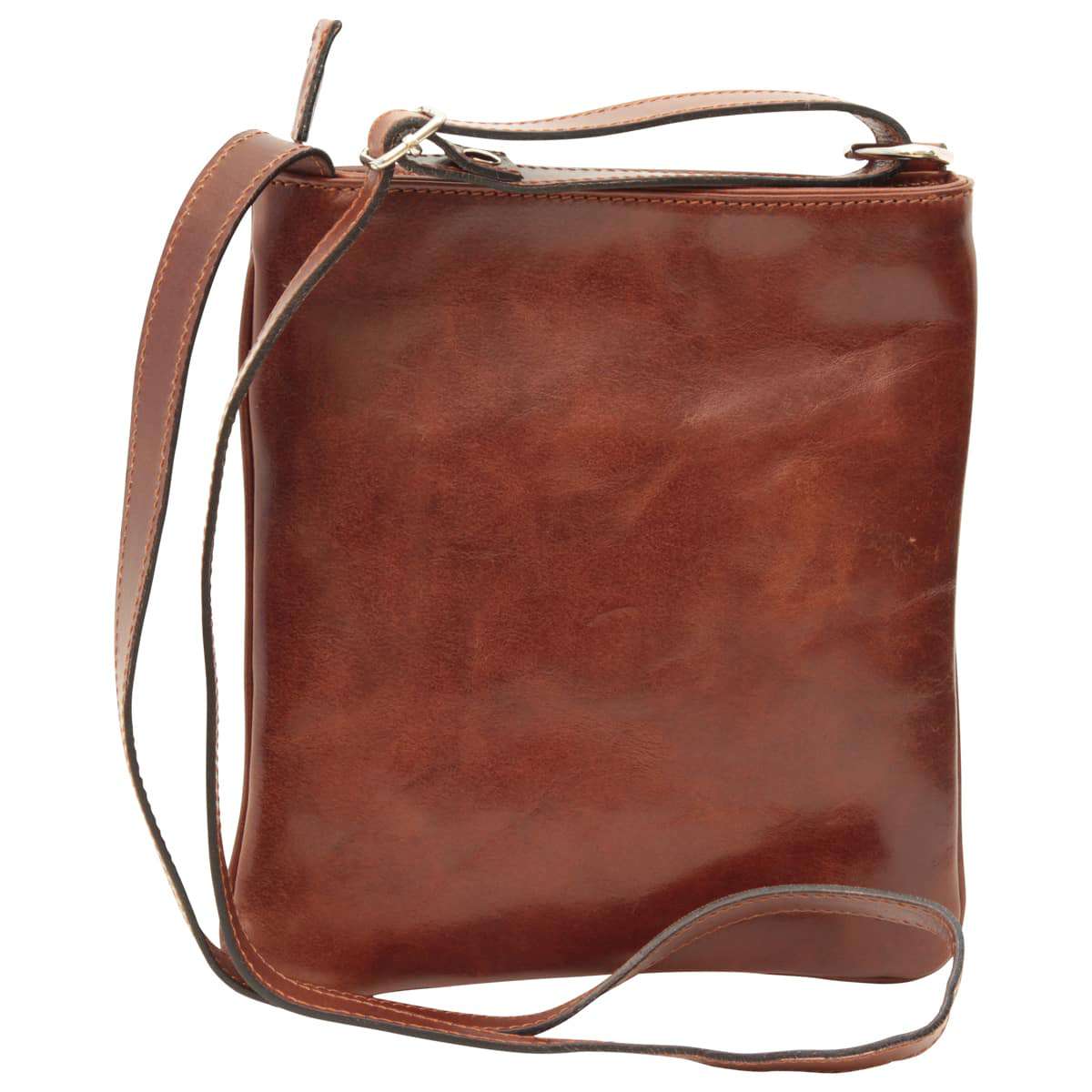 Borsa tracolla in pelle marrone con tracolla lunga e chiusure metalliche a vista