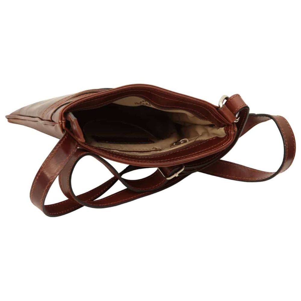 Borsa tracolla marrone aperta: interno foderato e tasca interna con chiusura