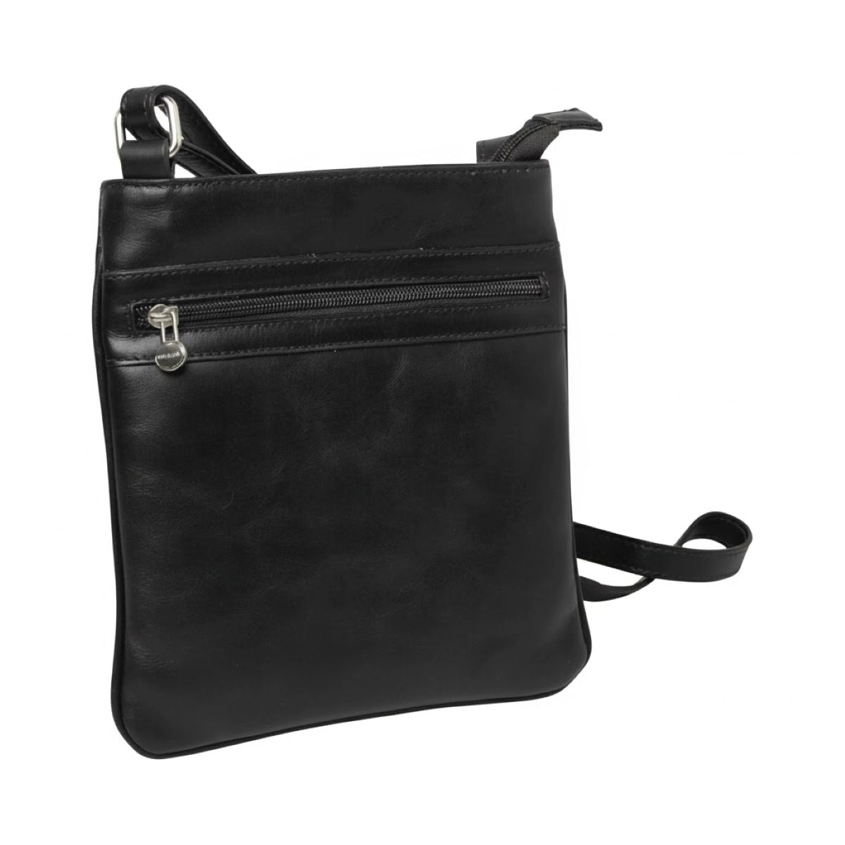 Borsa tracolla pelle nera con tasche interne ed esterne in zip, chiusura zip e tracolla regolabile.