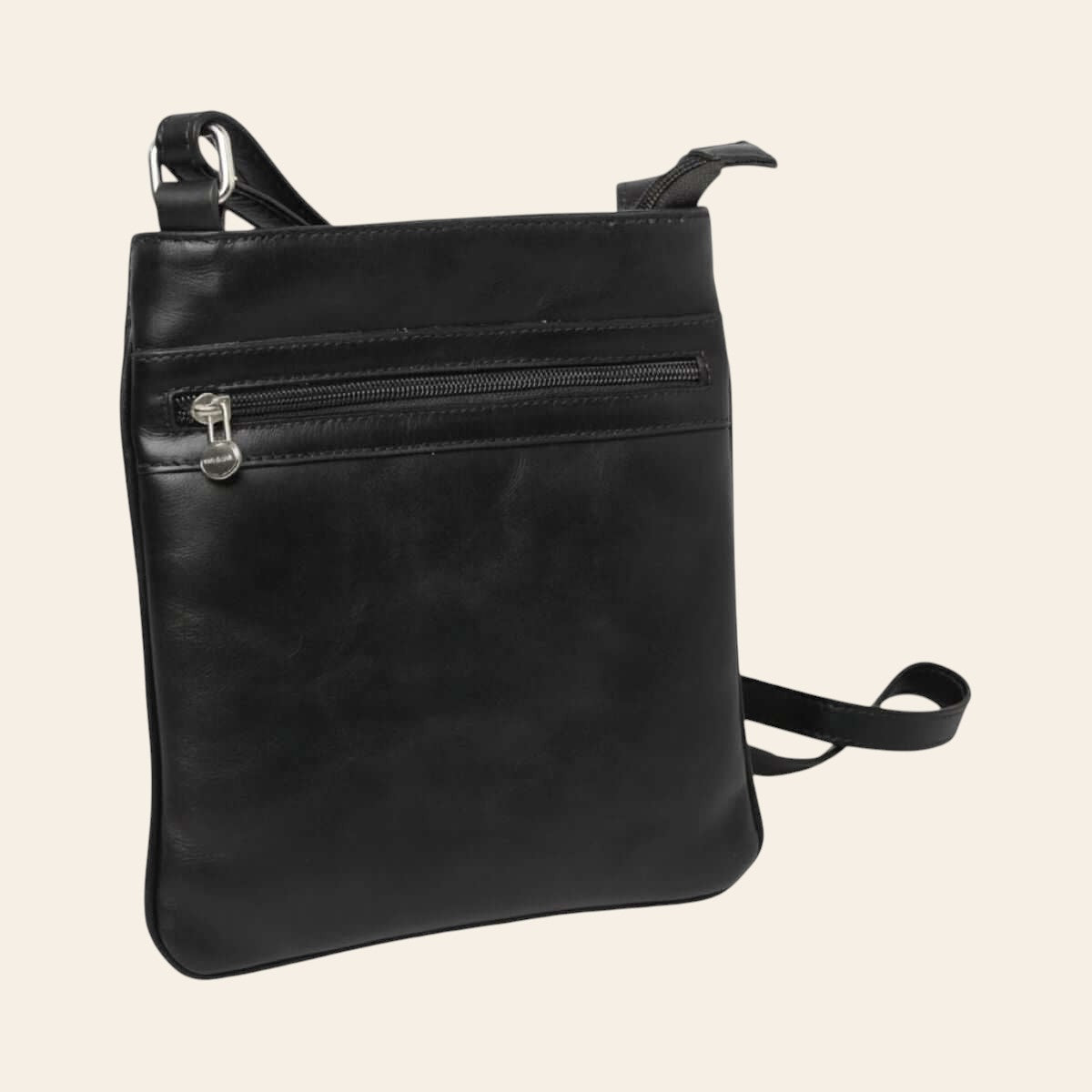 Borsa a tracolla in pelle nera con zip frontale e tracolla regolabile
