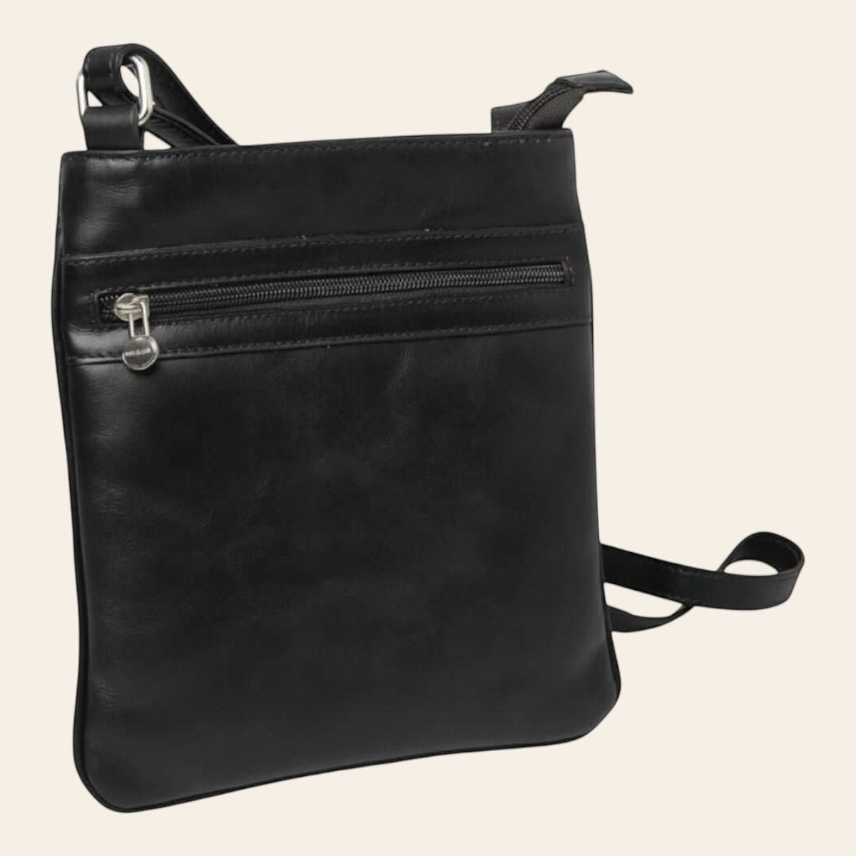 Borsa a tracolla in pelle nera con zip frontale e tracolla regolabile