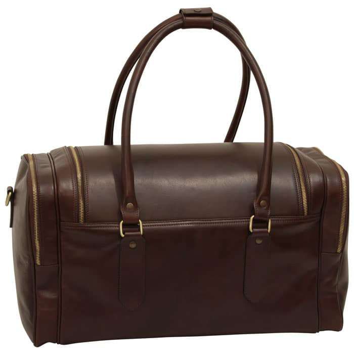 Borsa da viaggio in pelle marrone scuro con chiusura a patta e zip laterali