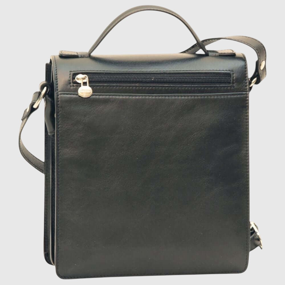 Borsa a tracolla in pelle nera con zip orizzontale e manico superiore