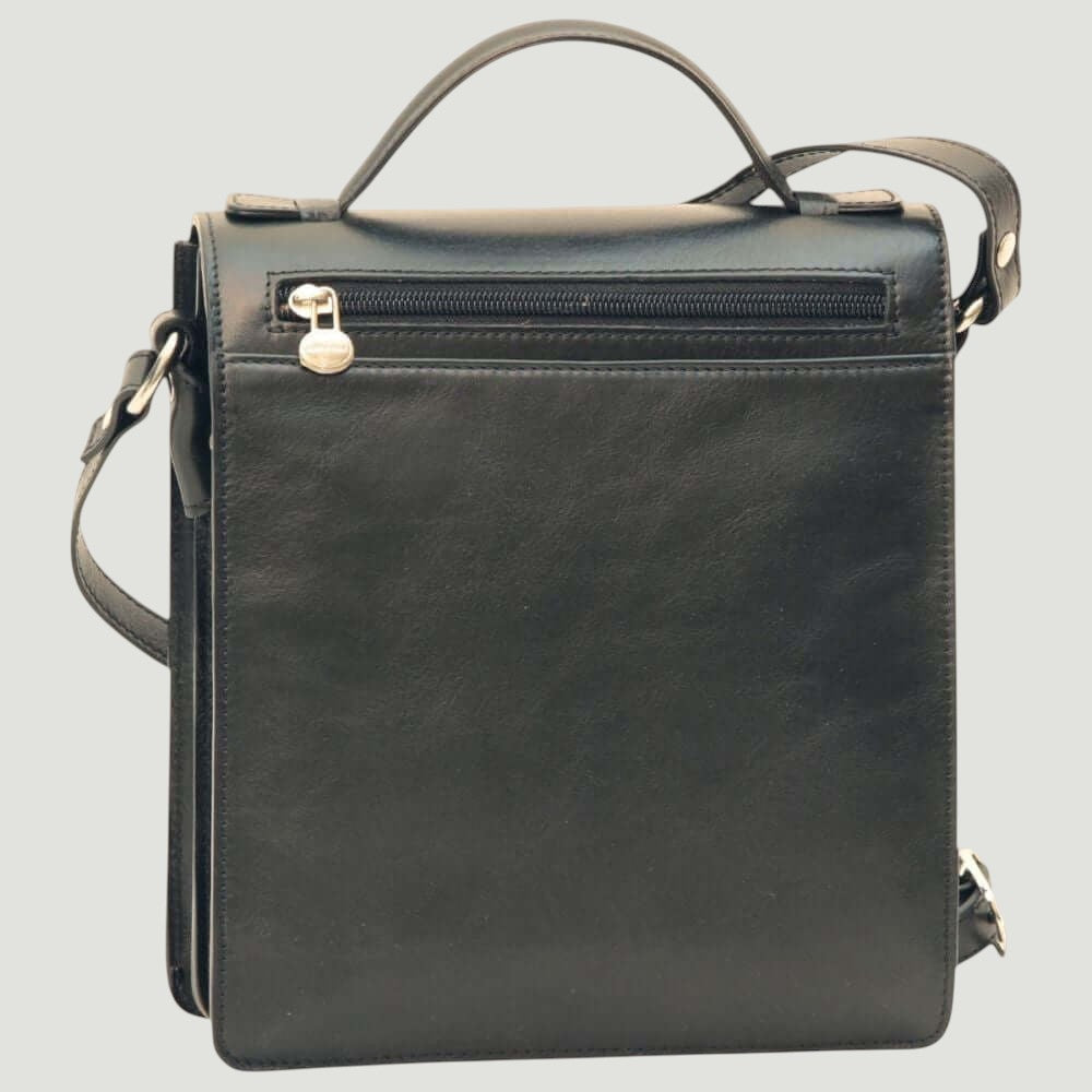 Borsa a tracolla in pelle nera con zip orizzontale e manico superiore