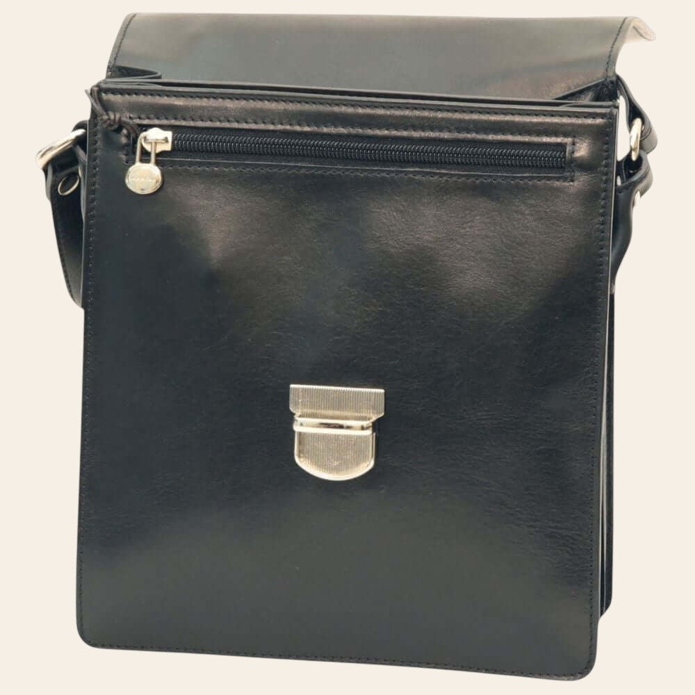 Borsa a tracolla in pelle nera con tasca frontale e zip metallica