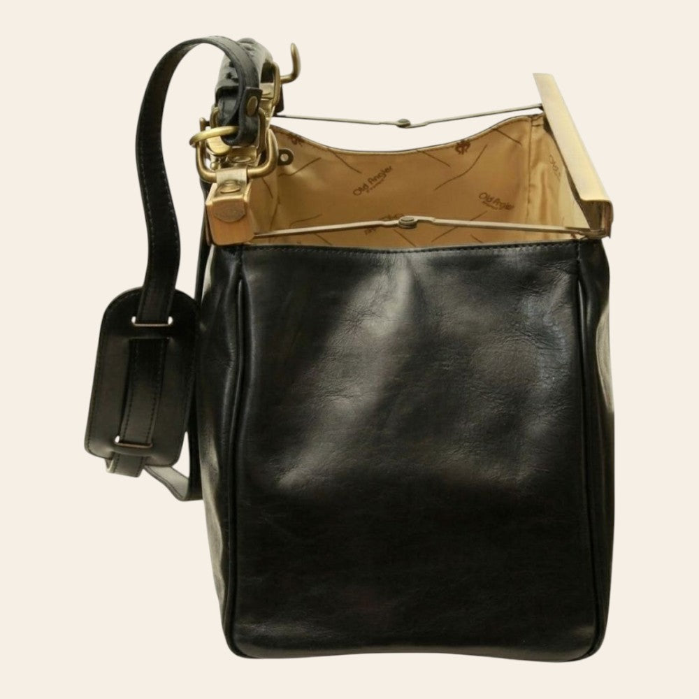 Borsa da medico in pelle nera con tracolla e interno foderato a vista